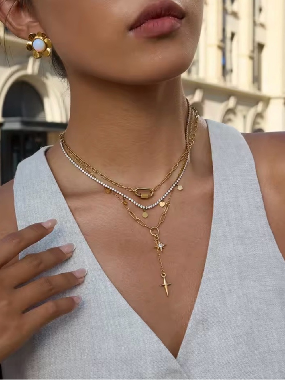 18K Gold Plated Rhinestone Smooth Four Star Pendant Stackable Chain Necklace